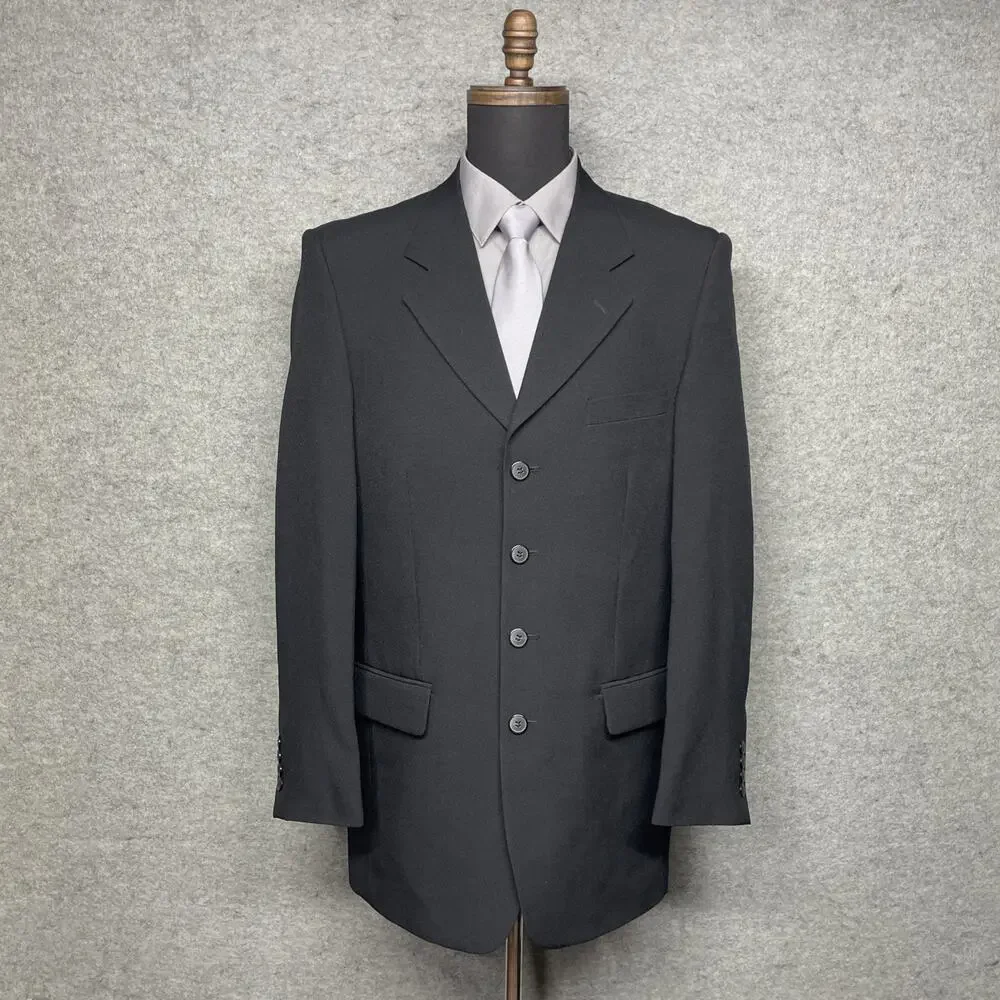 Vintage‎ Falcone Super 100s Mens 38L Black Sport Coat Blazer Four Button Classic